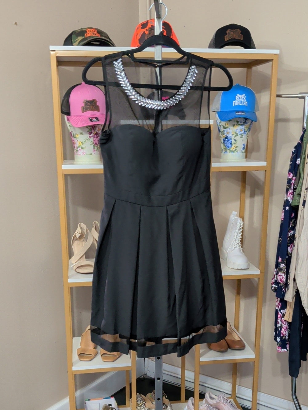 Guess Black Strapless Cocktail Dress with Sheer Mesh Yoke and Beaded Detail
